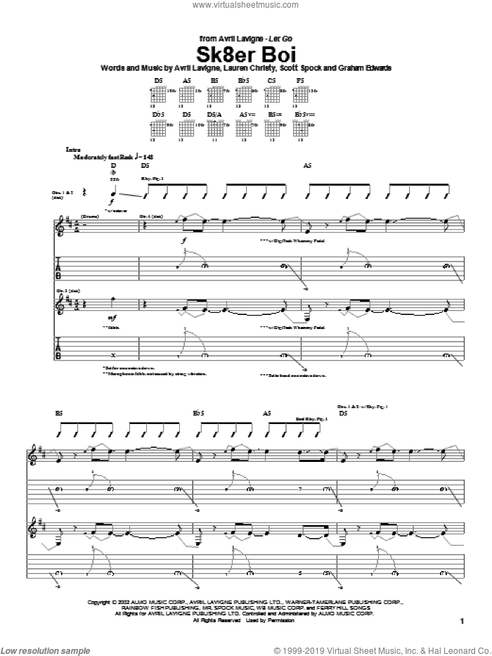 Sk8er Boi sheet music for guitar (tablature) by Avril Lavigne, Lauren Christy and Scott Spock, intermediate skill level