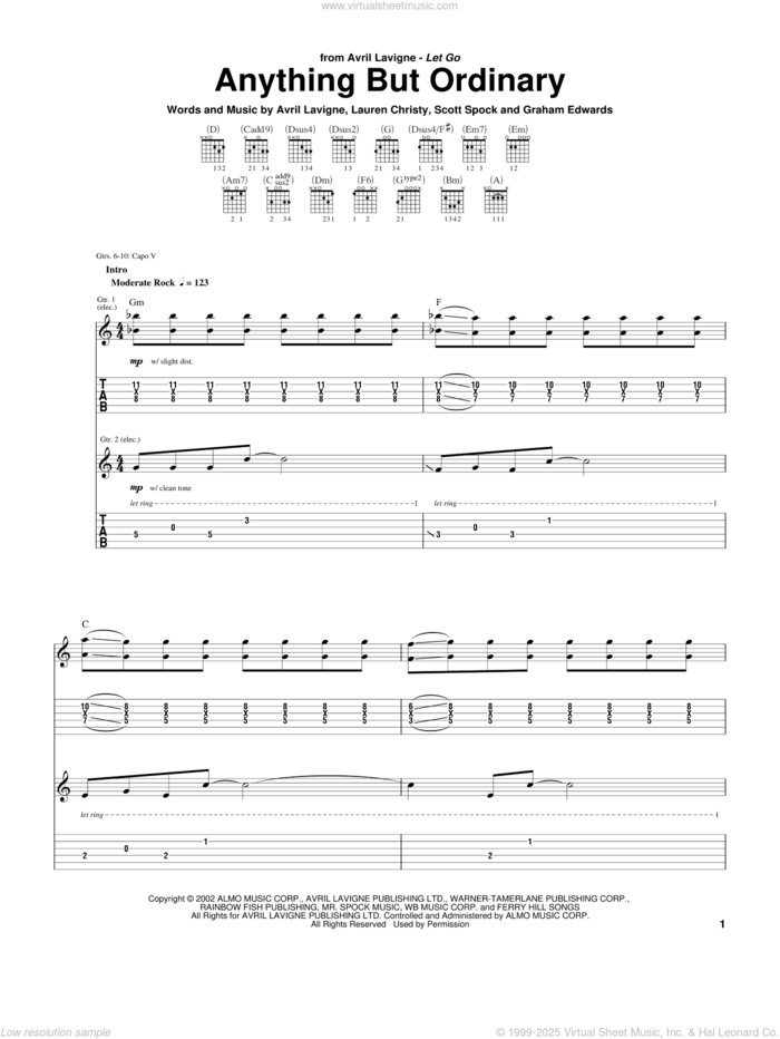 Anything But Ordinary sheet music for guitar (tablature) by Avril Lavigne, Lauren Christy and Scott Spock, intermediate skill level