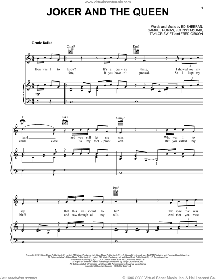 The Joker And The Queen sheet music for voice, piano or guitar by Ed Sheeran & Taylor Swift, Ed Sheeran, Fred Gibsonn, Johnny McDaid, Samuel Roman and Taylor Swift, intermediate skill level