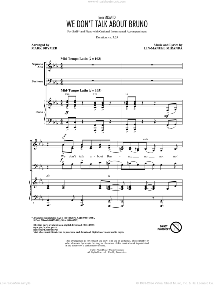 We Don't Talk About Bruno (from Encanto) (arr. Mark Brymer) sheet music for choir (SAB: soprano, alto, bass) by Lin-Manuel Miranda, Mark Brymer and Carolina Gaitan, Mauro Castillo, Adassa, Rhenzy, intermediate skill level