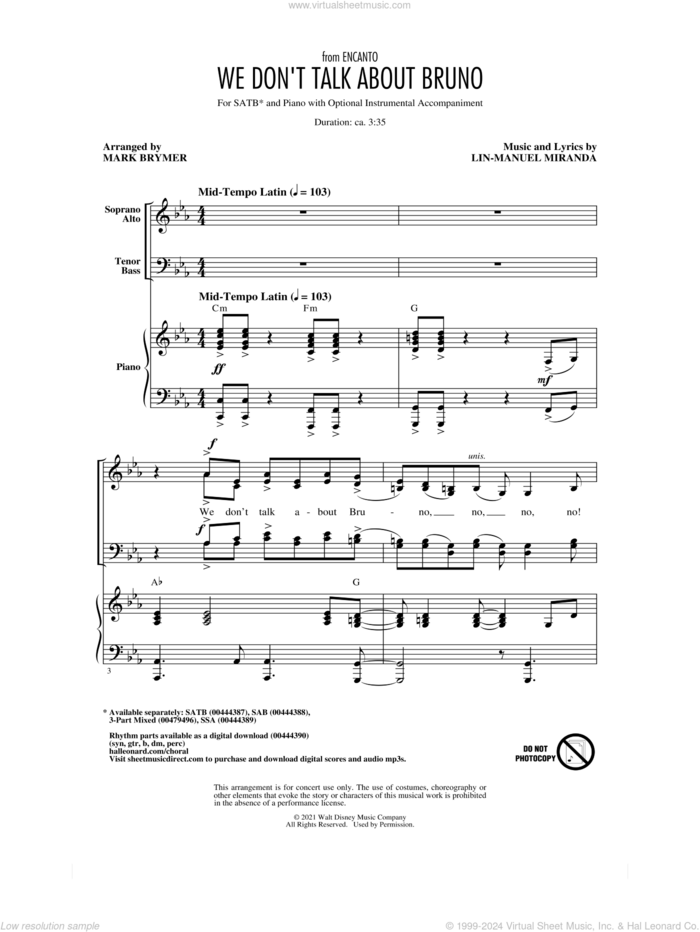 We Don't Talk About Bruno (from Encanto) (arr. Mark Brymer) sheet music for choir (SATB: soprano, alto, tenor, bass) by Lin-Manuel Miranda, Mark Brymer and Carolina Gaitan, Mauro Castillo, Adassa, Rhenzy, intermediate skill level