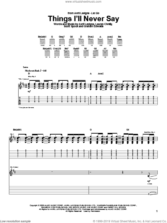 Things I'll Never Say sheet music for guitar (tablature) by Avril Lavigne, Lauren Christy and Scott Spock, intermediate skill level