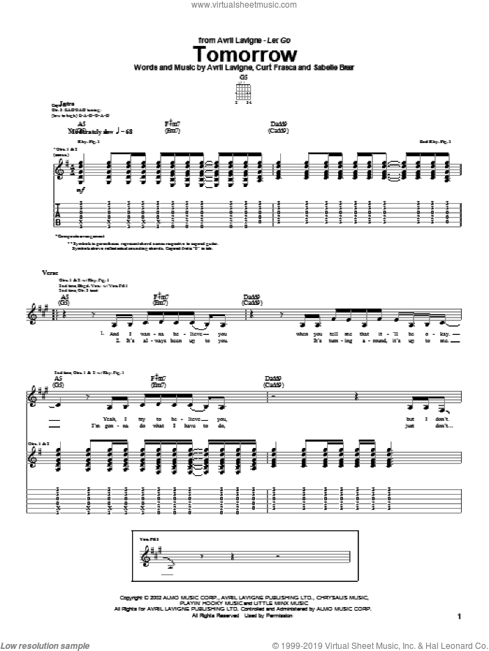 Tomorrow sheet music for guitar (tablature) by Avril Lavigne, Curt Frasca and Sabelle Breer, intermediate skill level
