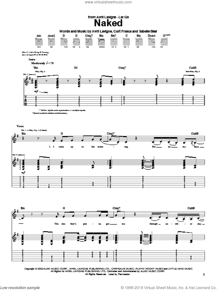 Naked sheet music for guitar (tablature) by Avril Lavigne, Curt Frasca and Sabelle Breer, intermediate skill level