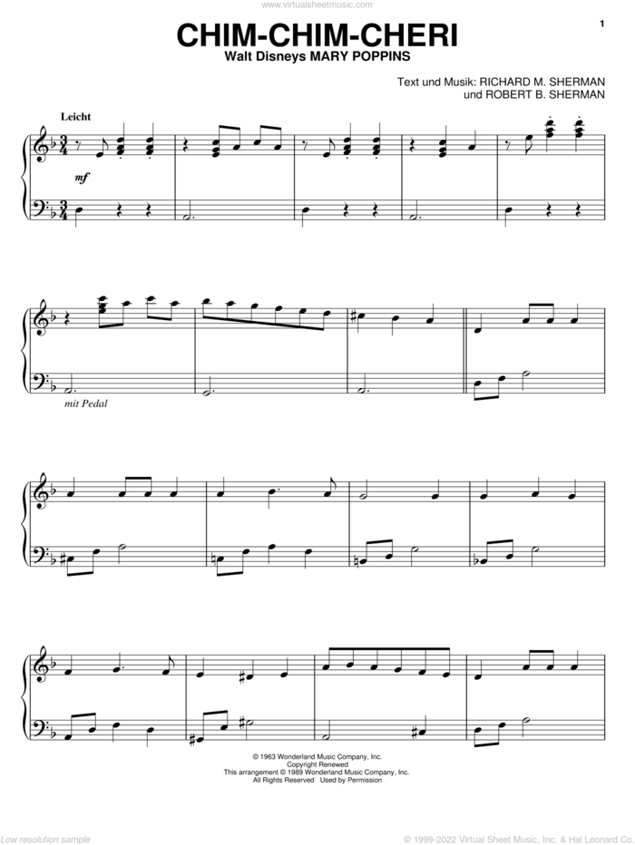 Chim Chim Cheri (from Mary Poppins) [German version] sheet music for piano solo by Sherman Brothers, Richard M. Sherman and Robert B. Sherman, intermediate skill level