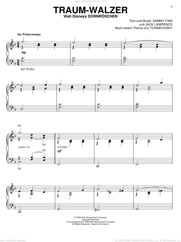 Traum-Walzer (Once Upon A Dream) sheet music for piano solo by Sammy Fain and Jack Lawrence, intermediate skill level