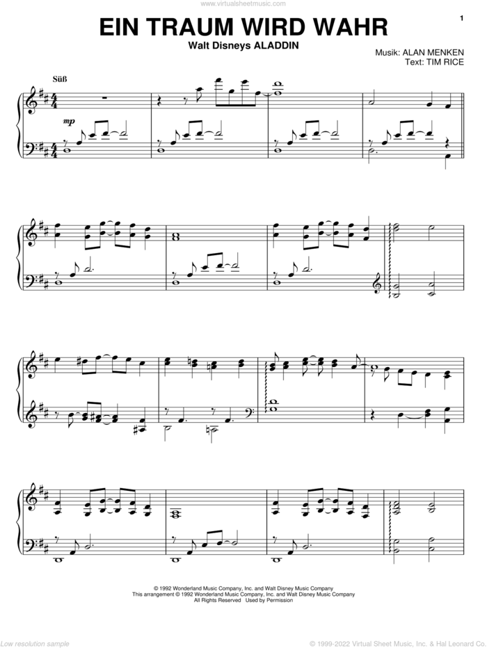 A Whole New World (from Aladdin), (intermediate) (from Aladdin) sheet music for piano solo by Alan Menken and Tim Rice, wedding score, intermediate skill level