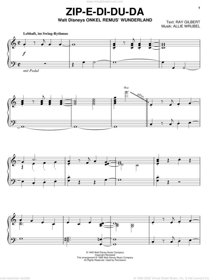 Zip-A-Dee-Doo-Dah, (intermediate) sheet music for piano solo by Ray Gilbert and Allie Wrubel, intermediate skill level