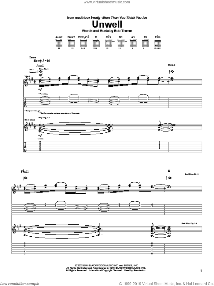 Unwell sheet music for guitar (tablature) by Matchbox Twenty, Matchbox 20 and Rob Thomas, intermediate skill level
