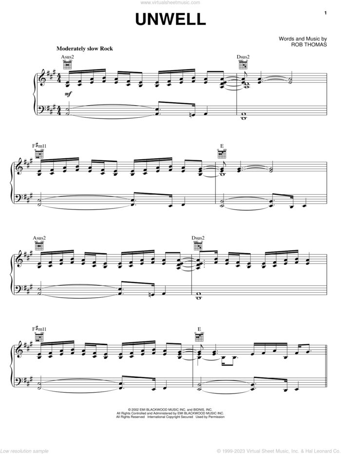 Unwell sheet music for voice, piano or guitar by Matchbox Twenty, Matchbox 20 and Rob Thomas, intermediate skill level