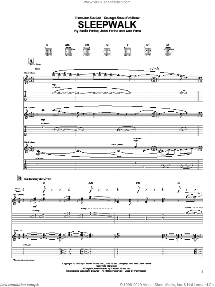 Sleepwalk sheet music for guitar (tablature) by Joe Satriani, Santo & Johnny, Ann Farina, John Farina and Santo Farina, intermediate skill level