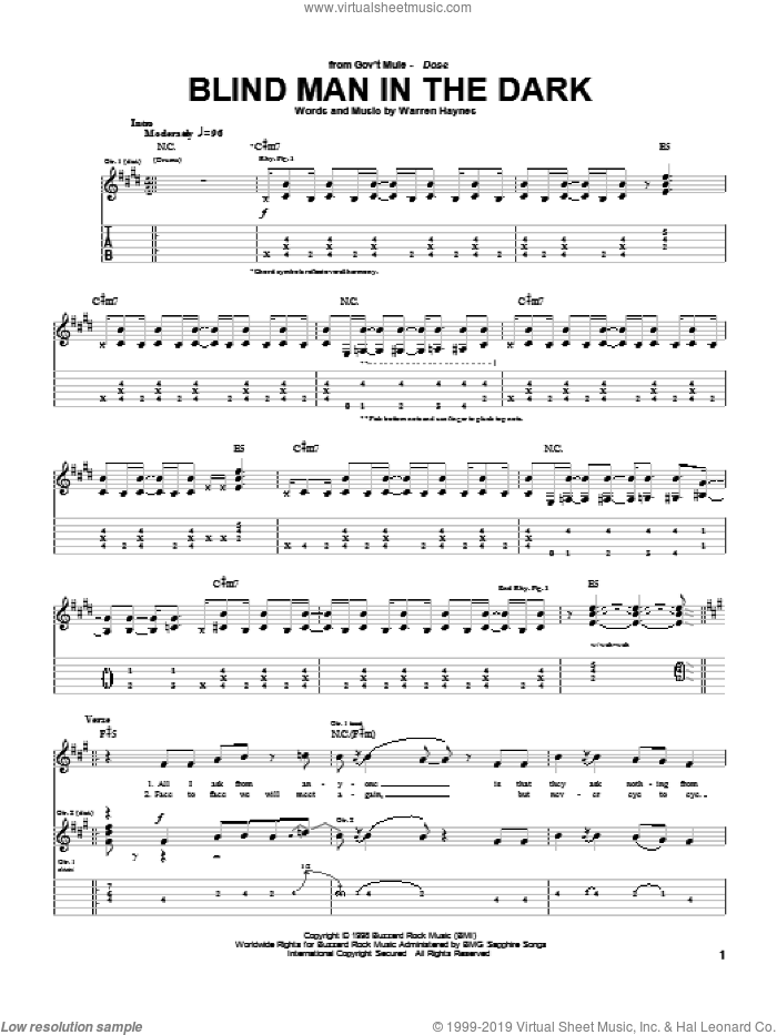Blind Man In The Dark sheet music for guitar (tablature) by Warren Haynes, intermediate skill level
