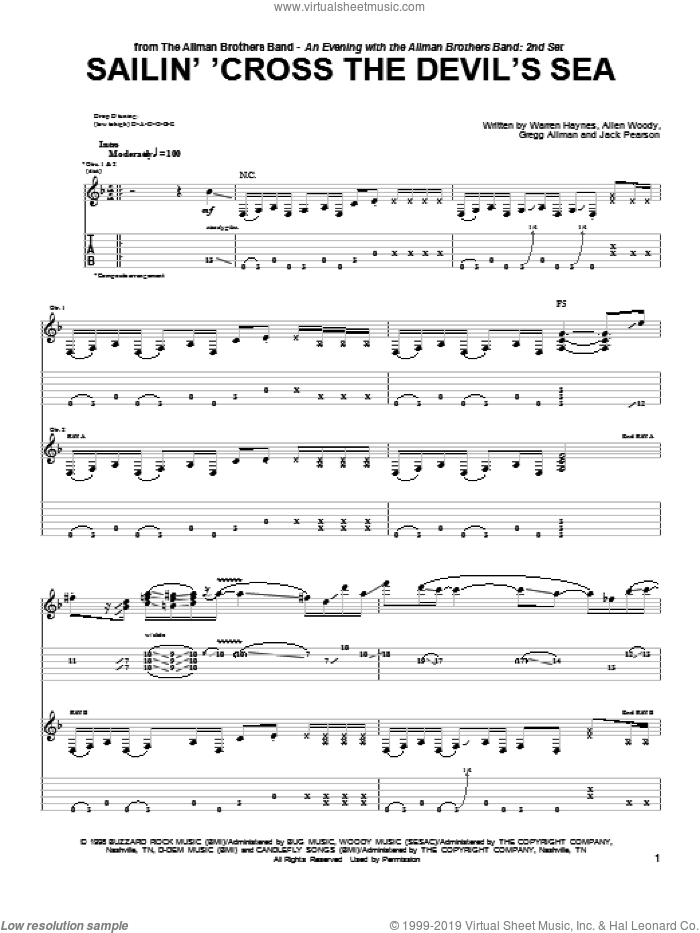 Sailin' 'Cross The Devil's Sea sheet music for guitar (tablature) by The Allman Brothers Band, Allen Woody, Allman Brothers Band, Gregg Allman and Warren Haynes, intermediate skill level