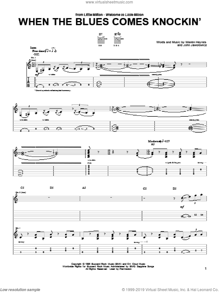 When The Blues Comes Knockin' sheet music for guitar (tablature) by Warren Haynes and John Jaworowicz, intermediate skill level