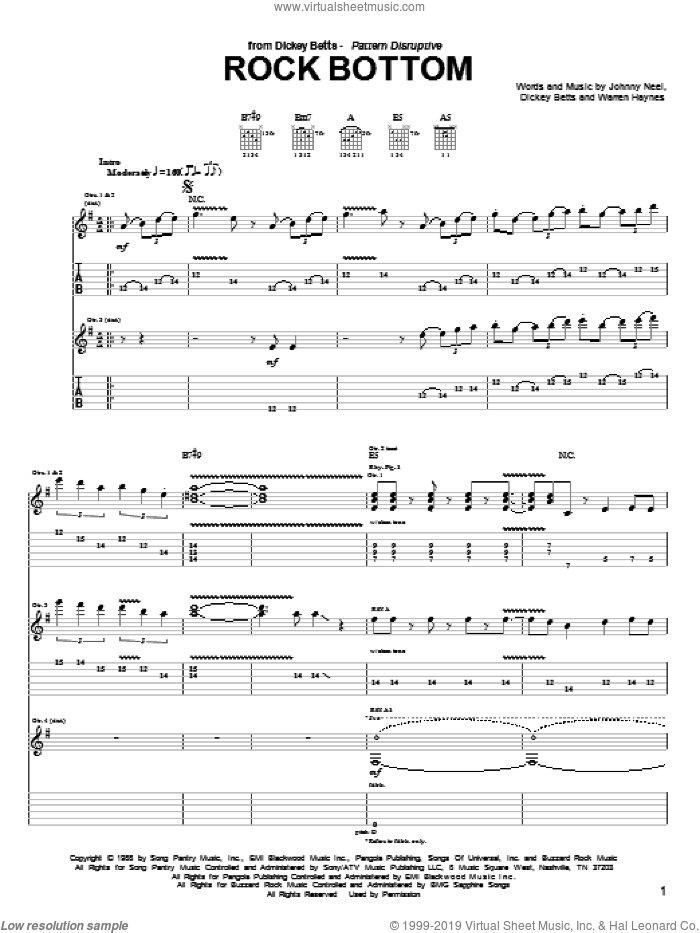 Rock Bottom sheet music for guitar (tablature) by Johnny Neel, Dickey Betts and Warren Haynes, intermediate skill level