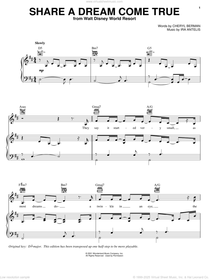 Share A Dream Come True sheet music for voice, piano or guitar by Cheryl Berman and Ira Antelis, intermediate skill level