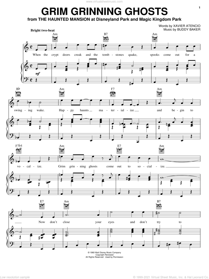 Grim Grinning Ghosts sheet music for voice, piano or guitar by Xavier Atencio and Buddy Baker, intermediate skill level
