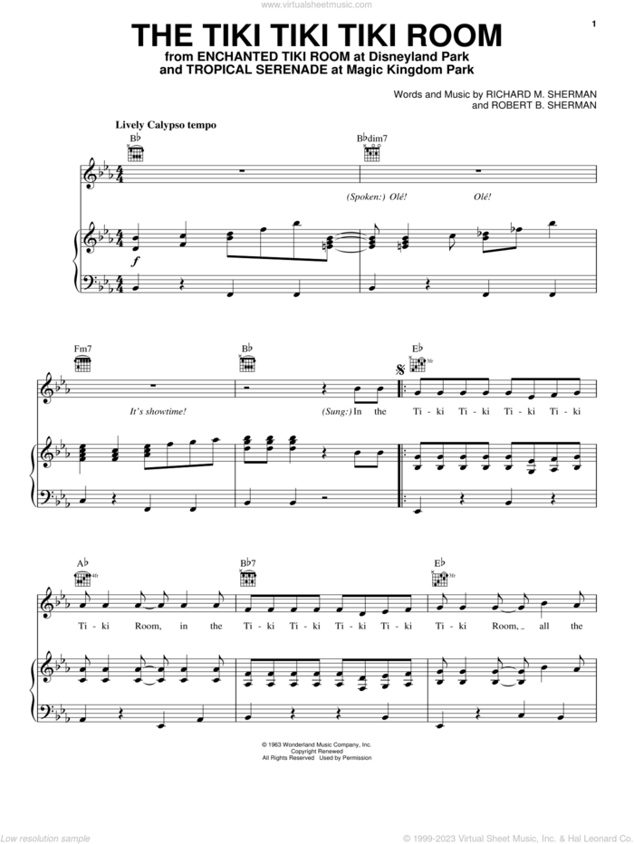 The Tiki Tiki Tiki Room sheet music for voice, piano or guitar by Sherman Brothers, Gnomeo & Juliet (Movie), Richard M. Sherman and Robert B. Sherman, intermediate skill level