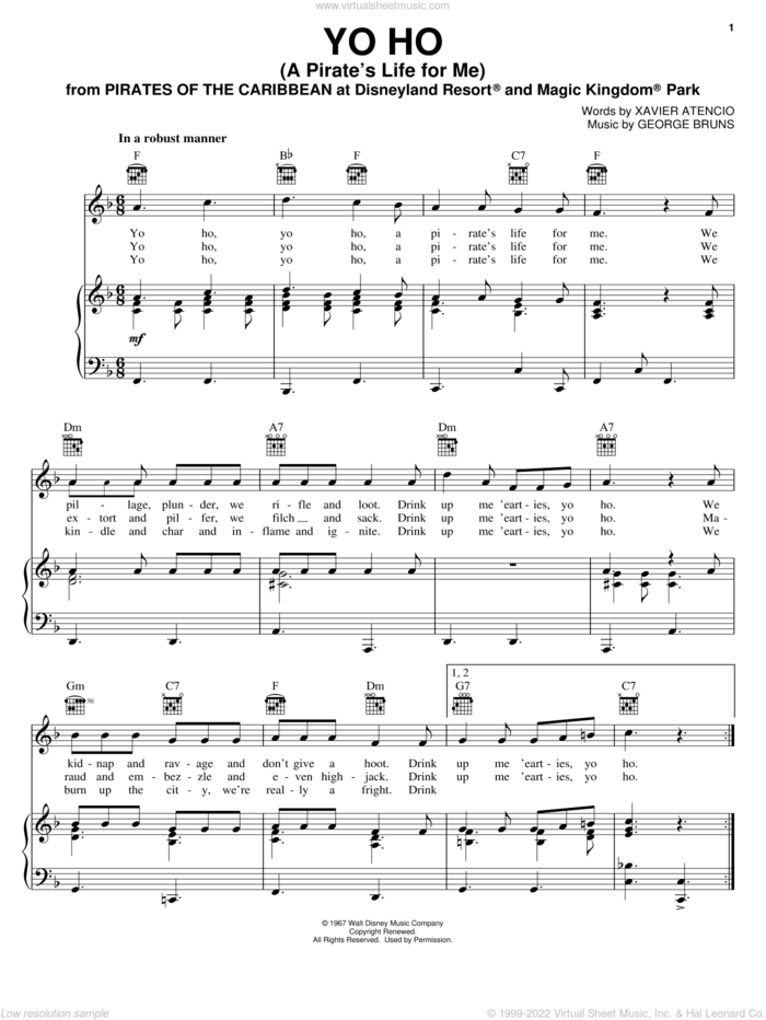 Yo Ho (A Pirate's Life For Me) sheet music for voice, piano or guitar by Xavier Atencio and George Bruns, intermediate skill level