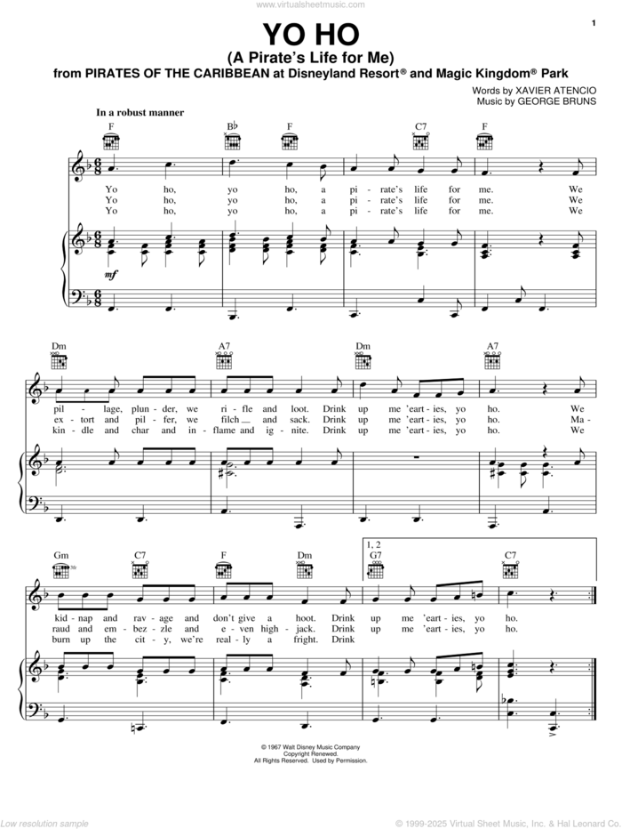 Yo Ho (A Pirate's Life For Me) sheet music for voice, piano or guitar by Xavier Atencio and George Bruns, intermediate skill level