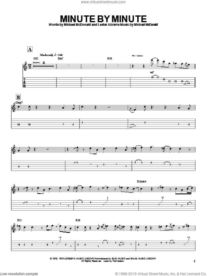 Minute By Minute sheet music for guitar (tablature) by The Doobie Brothers, Lester Abrams and Michael McDonald, intermediate skill level