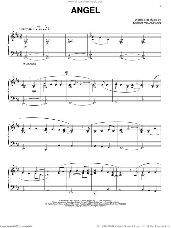 Angel, (intermediate) sheet music for piano solo by Sarah McLachlan, intermediate skill level