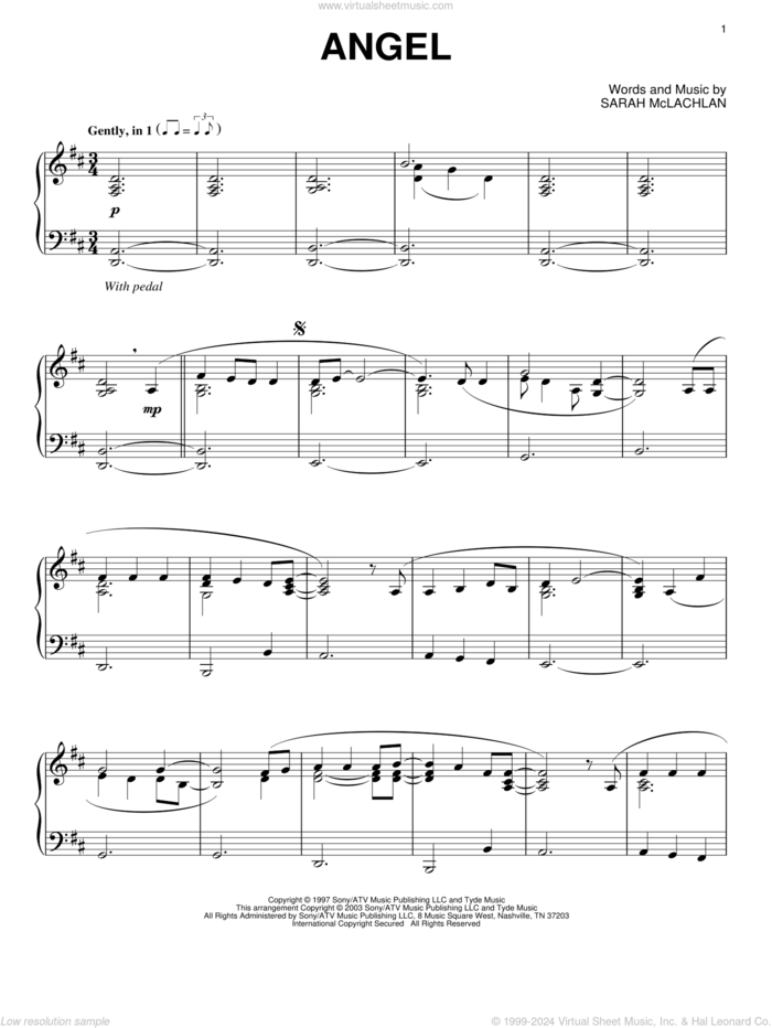 Angel, (intermediate) sheet music for piano solo by Sarah McLachlan, intermediate skill level