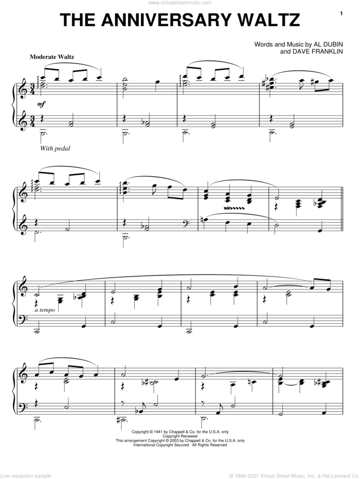 The Anniversary Waltz sheet music for piano solo by Al Dubin and Dave Franklin, wedding score, intermediate skill level