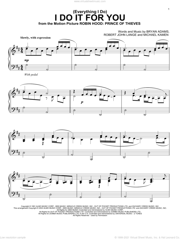 (Everything I Do) I Do It For You, (intermediate) sheet music for piano solo by Bryan Adams, Michael Kamen and Robert John Lange, intermediate skill level