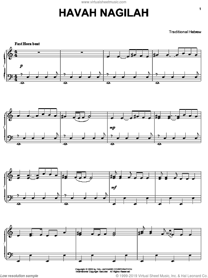 Hava Nagilah sheet music for piano solo by Neil Diamond, intermediate skill level