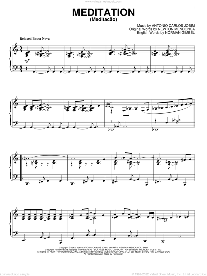 Meditation (Meditacao) sheet music for piano solo by Antonio Carlos Jobim, Newton Mendonca and Norman Gimbel, intermediate skill level