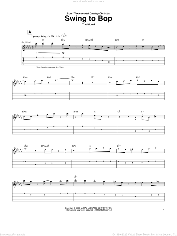 Swing To Bop sheet music for guitar (tablature) by Charlie Christian and Miscellaneous, intermediate skill level