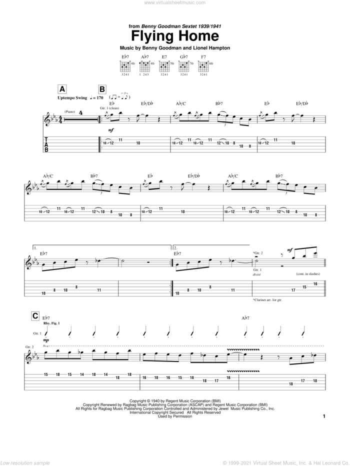 Flying Home sheet music for guitar (tablature) by Charlie Christian, Benny Goodman and Lionel Hampton, intermediate skill level