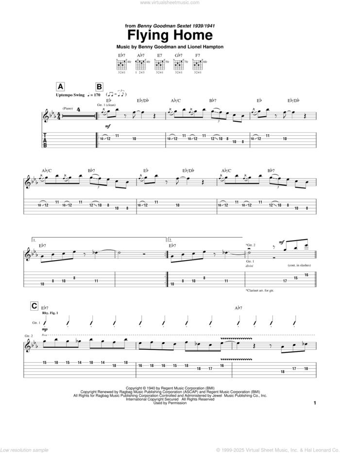 Flying Home sheet music for guitar (tablature) by Charlie Christian, Benny Goodman and Lionel Hampton, intermediate skill level