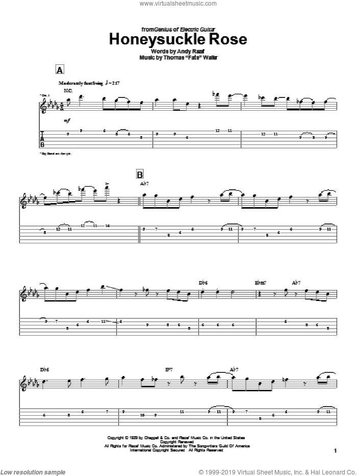 Honeysuckle Rose sheet music for guitar (tablature) by Charlie Christian, Django Reinhardt, Andy Razaf and Thomas Waller, intermediate skill level