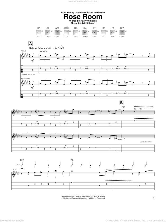Rose Room sheet music for guitar (tablature) by Charlie Christian, Benny Goodman, Art Hickman and Harry Williams, intermediate skill level