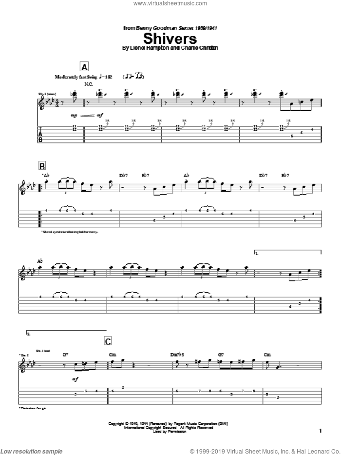 Shivers sheet music for guitar (tablature) by Charlie Christian, Benny Goodman and Lionel Hampton, intermediate skill level