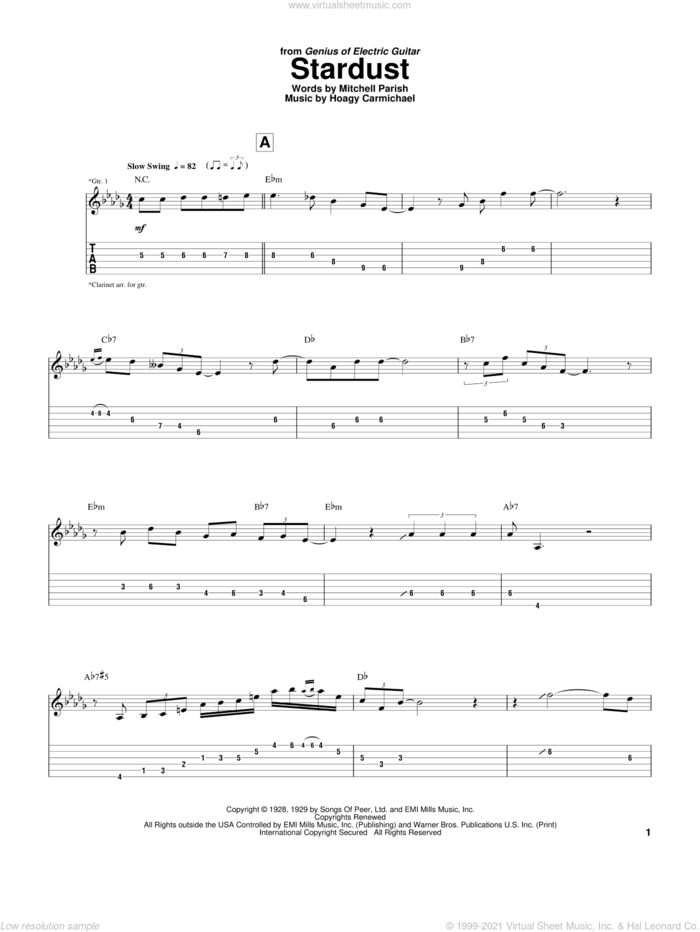 Stardust sheet music for guitar (tablature) by Charlie Christian, Hoagy Carmichael and Mitchell Parish, intermediate skill level