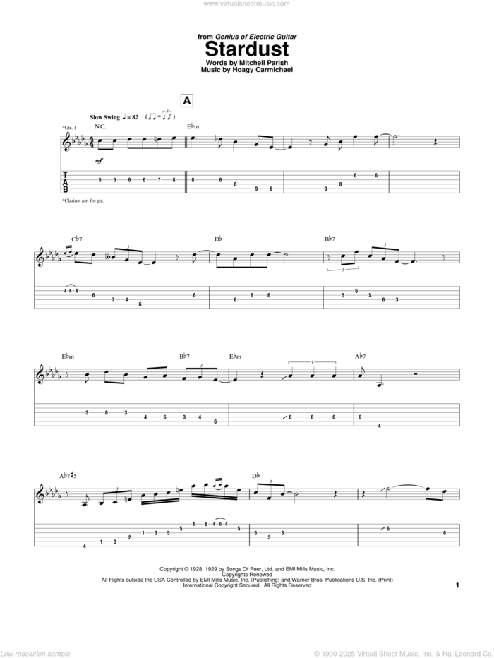 Stardust sheet music for guitar (tablature) by Charlie Christian, Hoagy Carmichael and Mitchell Parish, intermediate skill level