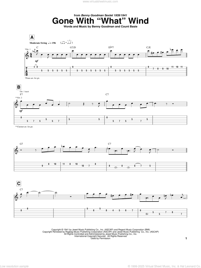 Gone With 'What' Wind sheet music for guitar (tablature) by Charlie Christian, Benny Goodman and Count Basie, intermediate skill level