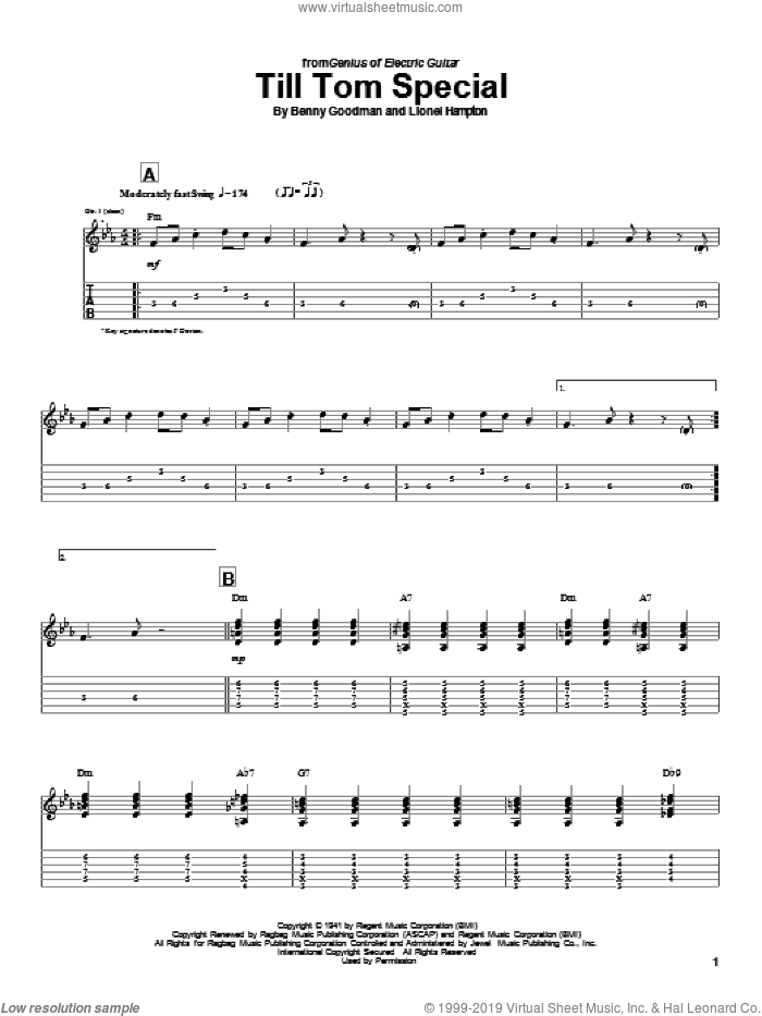 Till Tom Special sheet music for guitar (tablature) by Charlie Christian, Benny Goodman and Lionel Hampton, intermediate skill level