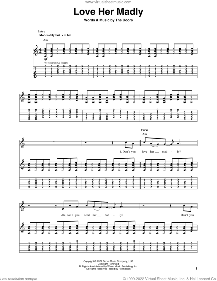 Love Her Madly sheet music for guitar (tablature, play-along) by The Doors, Jim Morrison, John Densmore, Ray Manzarek and Robby Krieger, intermediate skill level