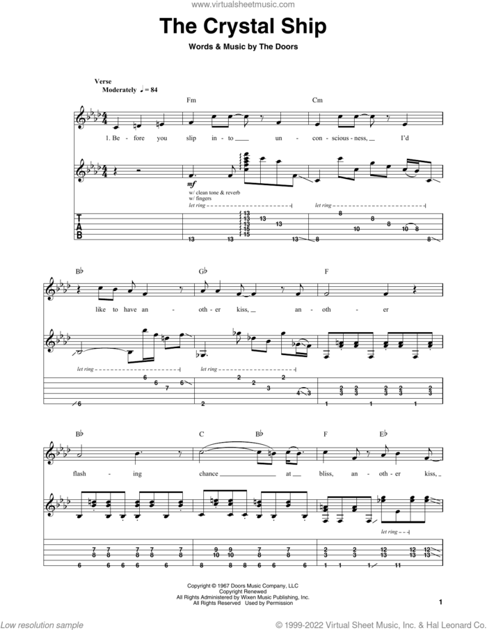 The Crystal Ship sheet music for guitar (tablature, play-along) by The Doors, Jim Morrison, John Densmore, Ray Manzarek and Robby Krieger, intermediate skill level