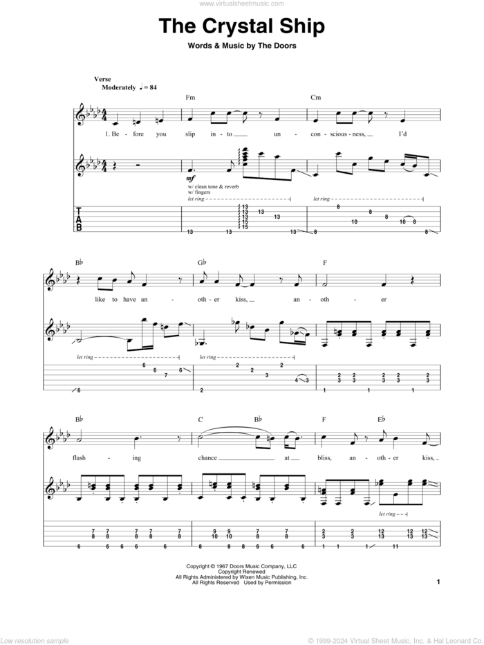 The Crystal Ship sheet music for guitar (tablature, play-along) by The Doors, Jim Morrison, John Densmore, Ray Manzarek and Robby Krieger, intermediate skill level