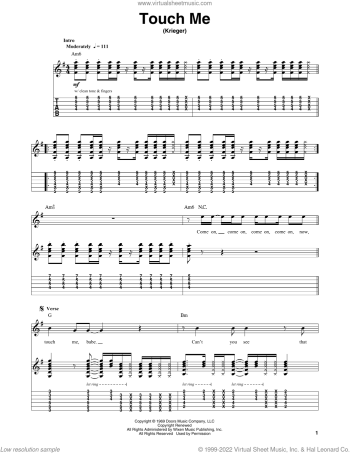 Touch Me sheet music for guitar (tablature, play-along) by The Doors and Robby Krieger, intermediate skill level