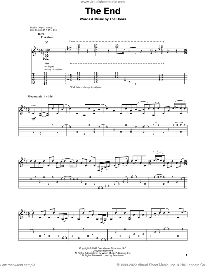 The End sheet music for guitar (tablature, play-along) by The Doors, Jim Morrison, John Densmore, Ray Manzarek and Robby Krieger, intermediate skill level