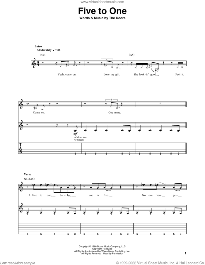 Five To One sheet music for guitar (tablature, play-along) by The Doors, Jim Morrison, John Densmore, Ray Manzarek and Robby Krieger, intermediate skill level