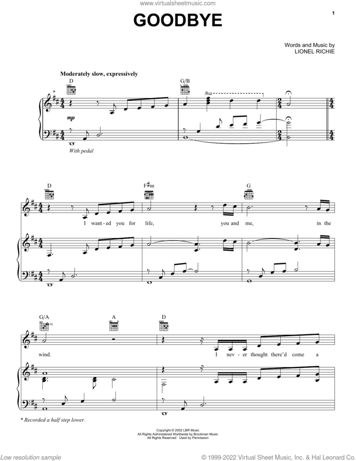 Goodbye sheet music for voice, piano or guitar by Lionel Richie and Kenny Rogers, intermediate skill level