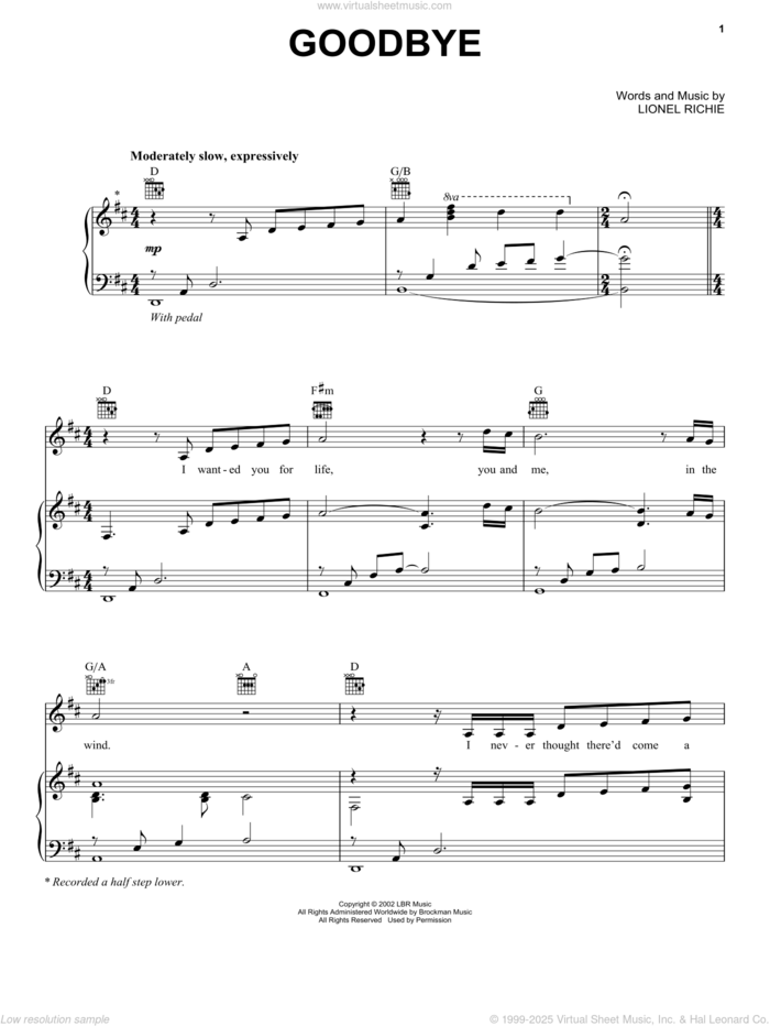 Goodbye sheet music for voice, piano or guitar by Lionel Richie and Kenny Rogers, intermediate skill level