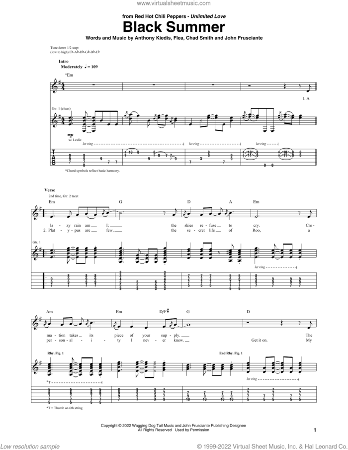 Black Summer sheet music for guitar (tablature) by Red Hot Chili Peppers, Anthony Kiedis, Brian Burton, Chad Smith, Flea and Josh Klinghoffer, intermediate skill level